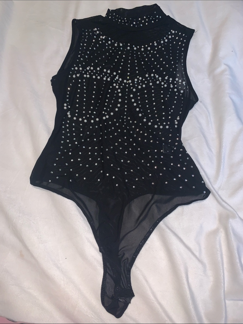 Girls Black Rhinestone Sleeveless Performance Bodysuit with High Neck